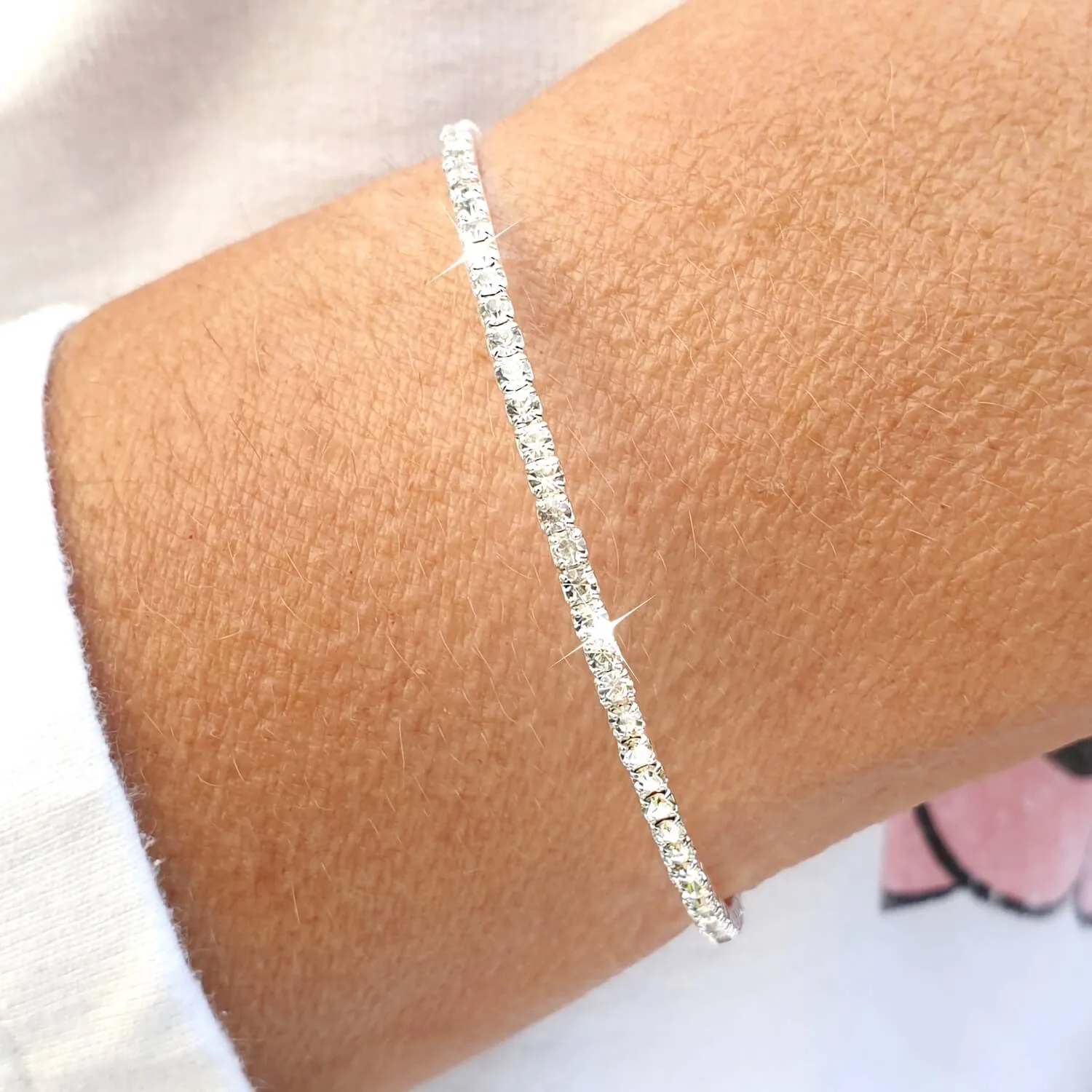 Elegant White Crystals Silver Flexible Tennis Bracelet