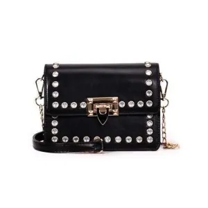 Faux Diamond Inlaid Vintage Style Crossbody Bag - Black