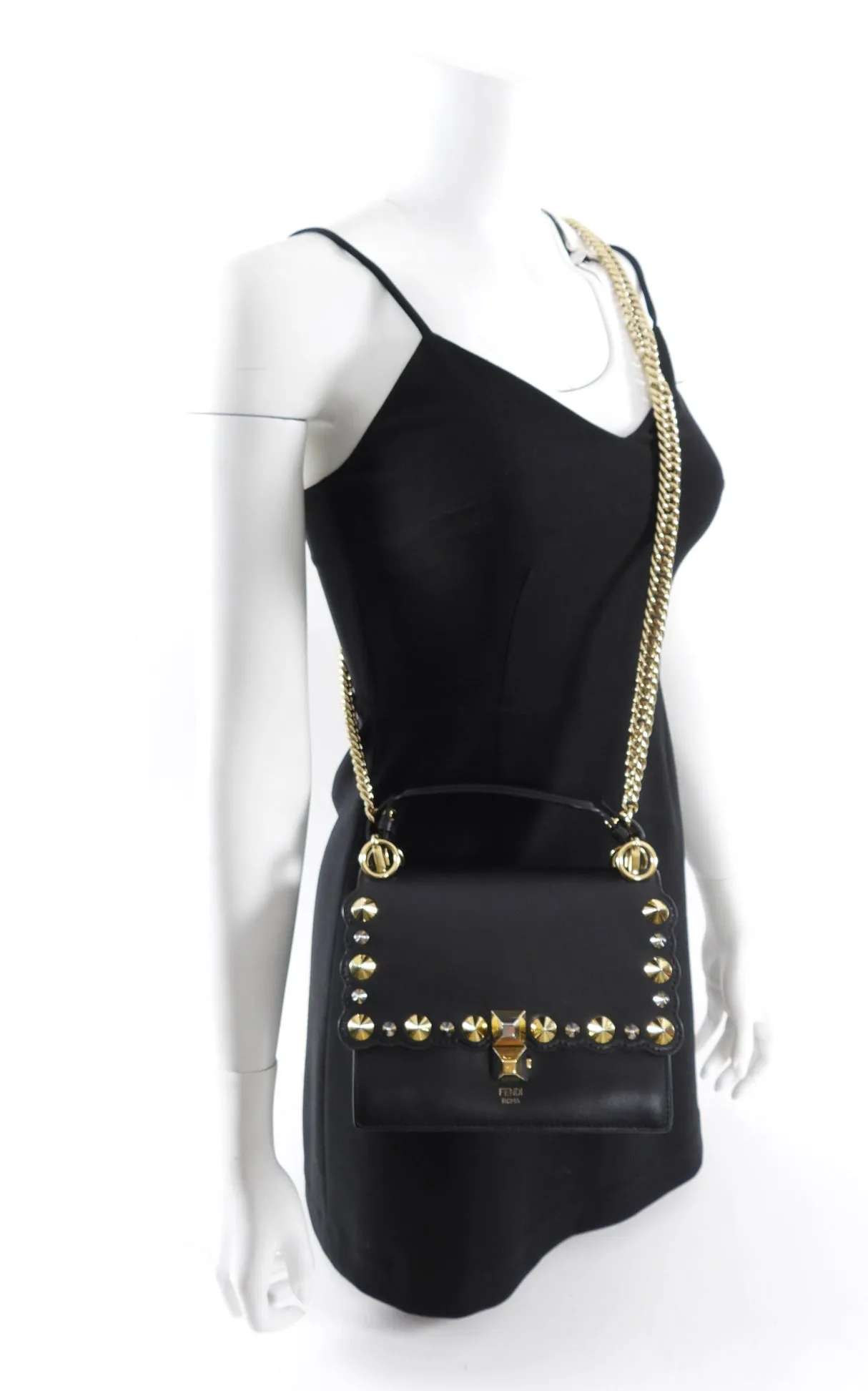 Fendi Black Kan Two-Way Crossbody Chain Bag with Gold Studs