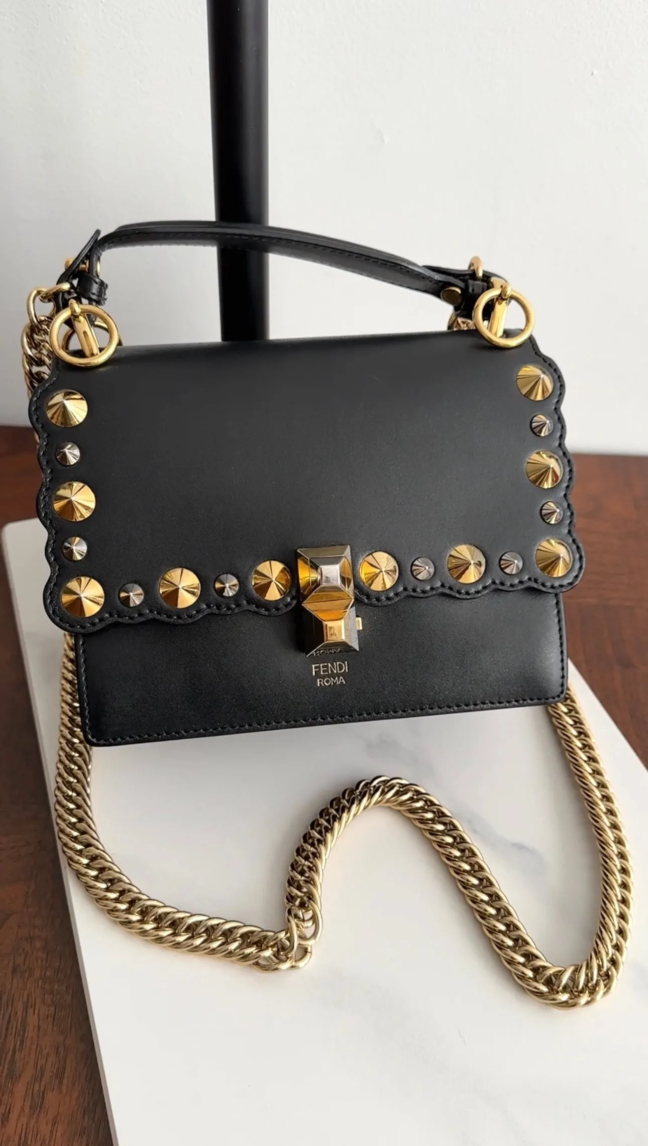 Fendi Black Kan Two-Way Crossbody Chain Bag with Gold Studs