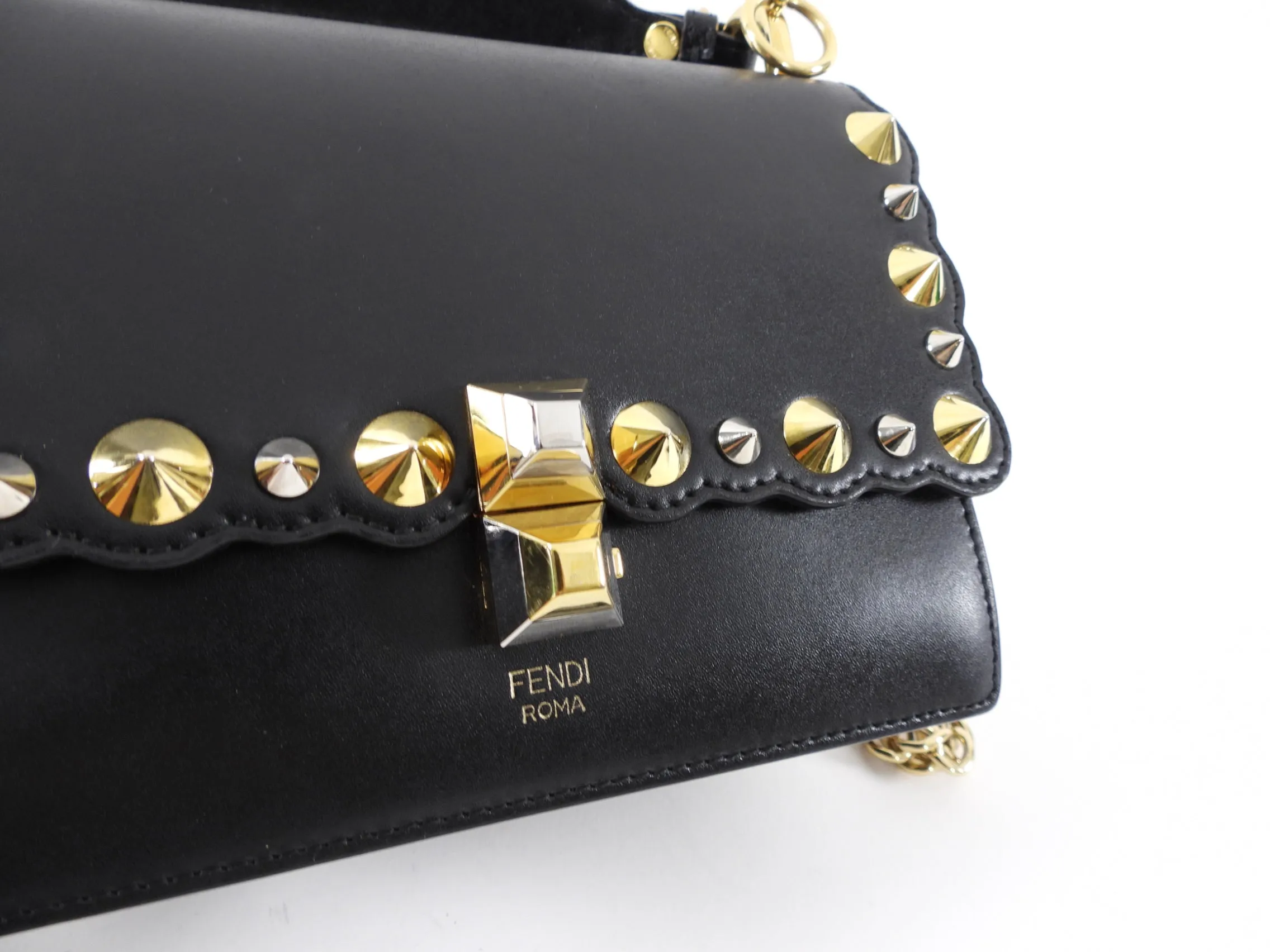 Fendi Black Kan Two-Way Crossbody Chain Bag with Gold Studs