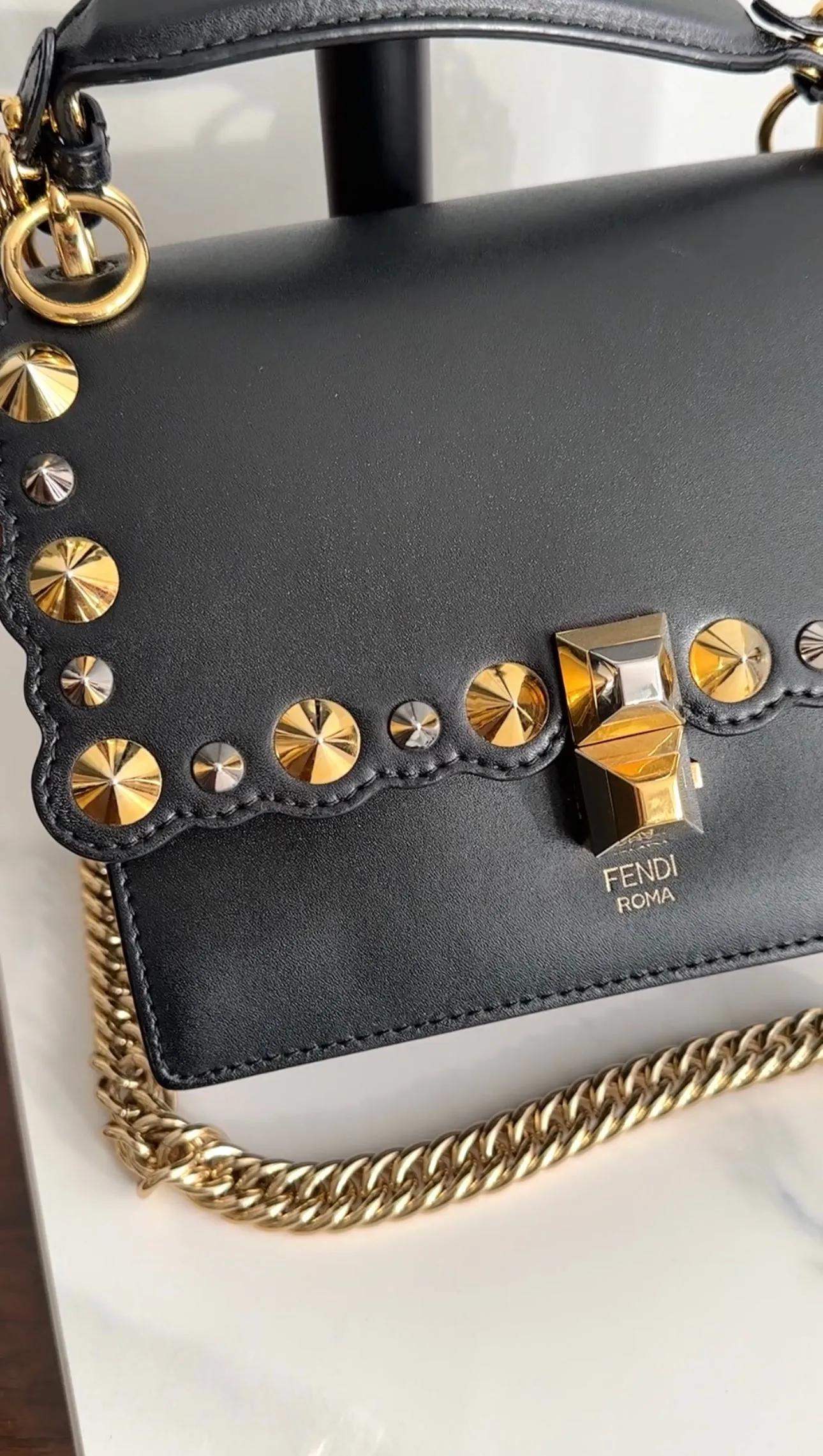 Fendi Black Kan Two-Way Crossbody Chain Bag with Gold Studs