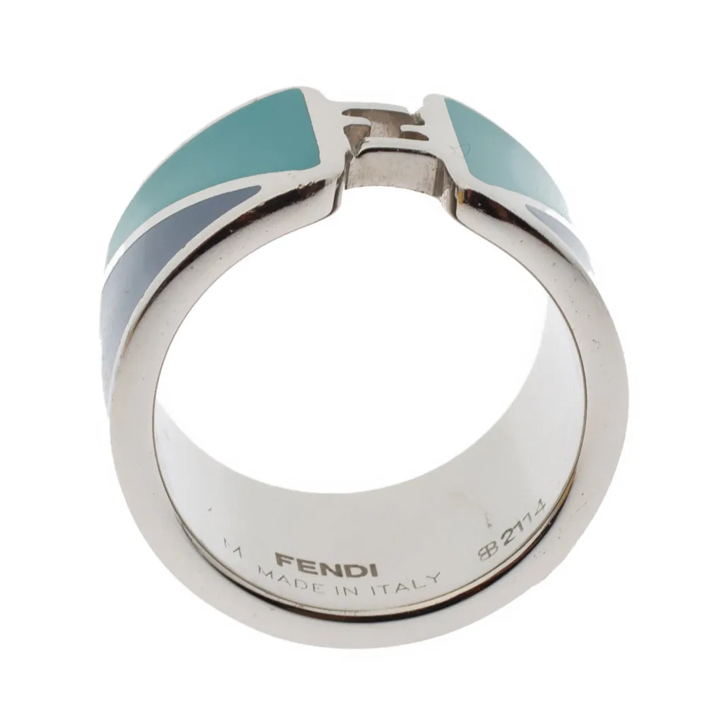 Fendi The Fendista Bicolor Enamel Silver Tone Band Ring M