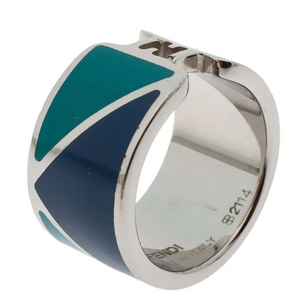 Fendi The Fendista Bicolor Enamel Silver Tone Band Ring M