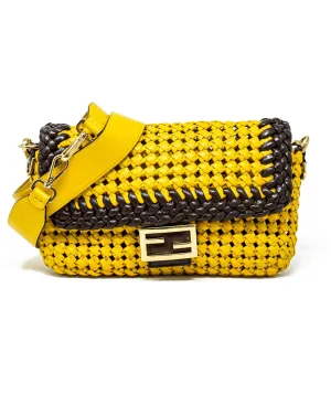 Fendi Yellow and Brown Woven Leather Baguette Bag - AGL1583