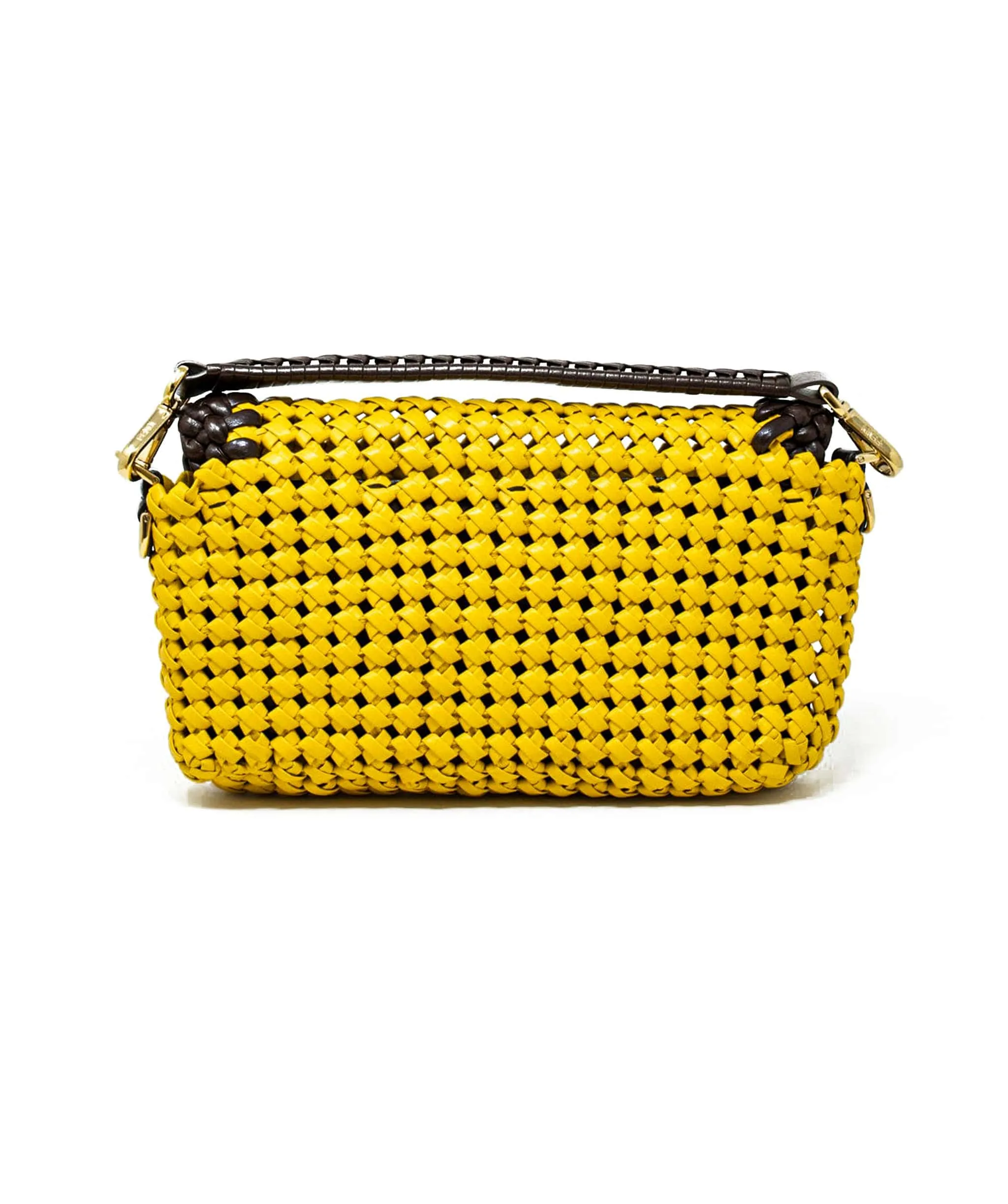 Fendi Yellow and Brown Woven Leather Baguette Bag - AGL1583