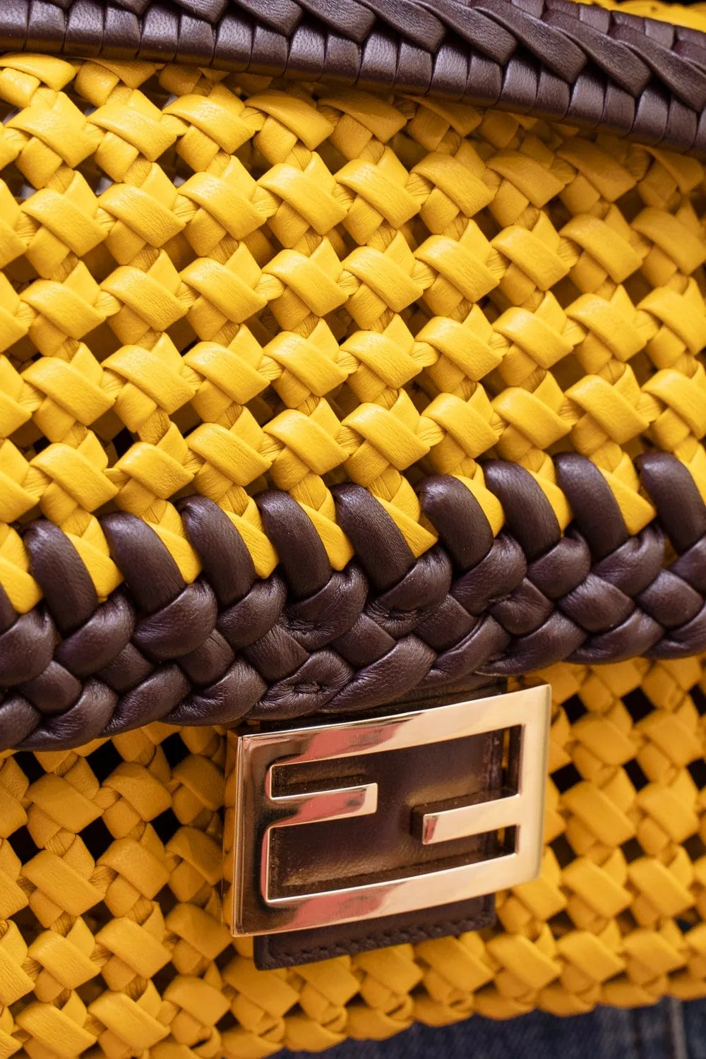 Fendi Yellow and Brown Woven Leather Baguette Bag - AGL1583