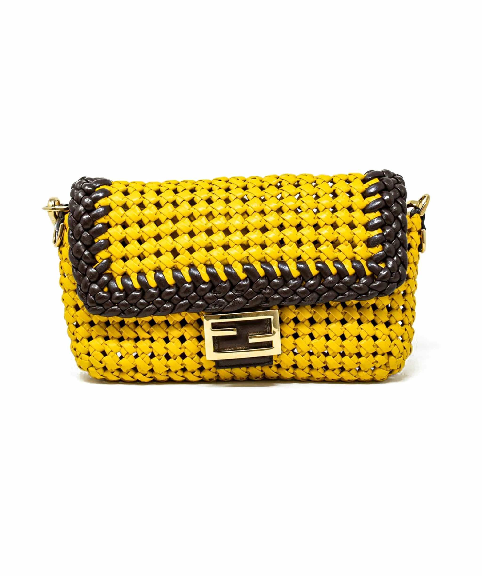 Fendi Yellow and Brown Woven Leather Baguette Bag - AGL1583