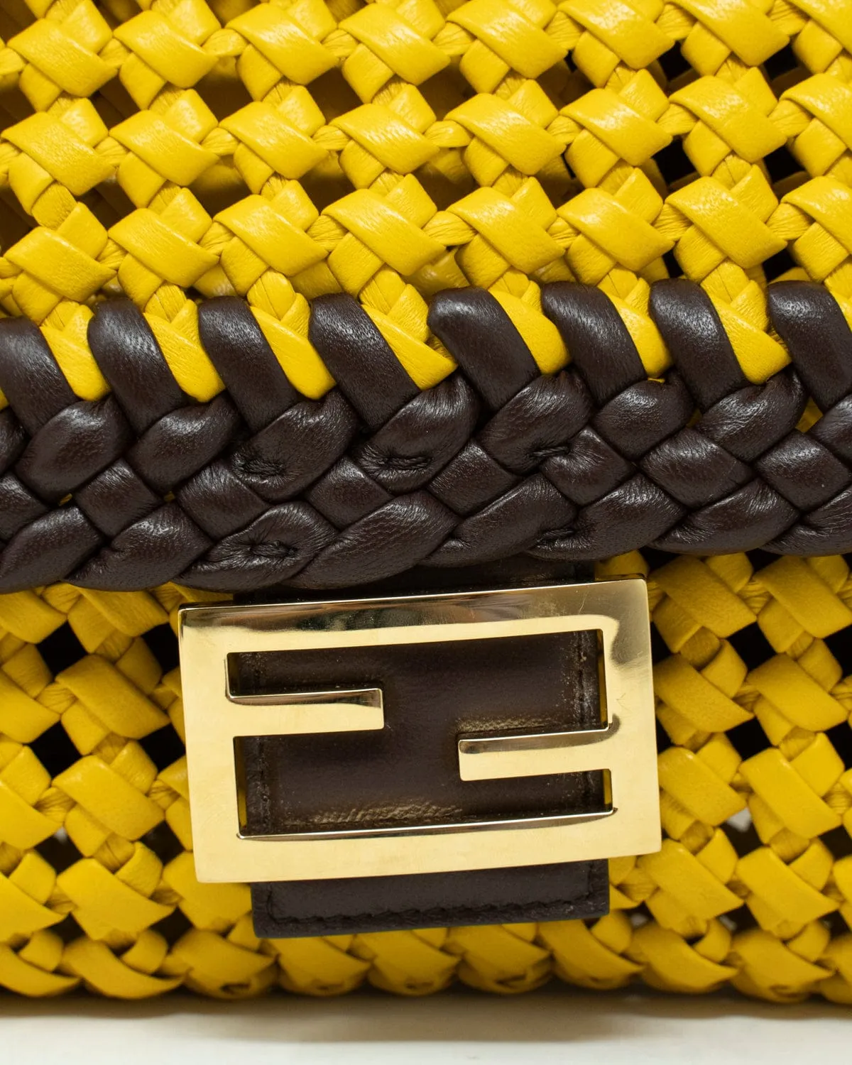 Fendi Yellow and Brown Woven Leather Baguette Bag - AGL1583