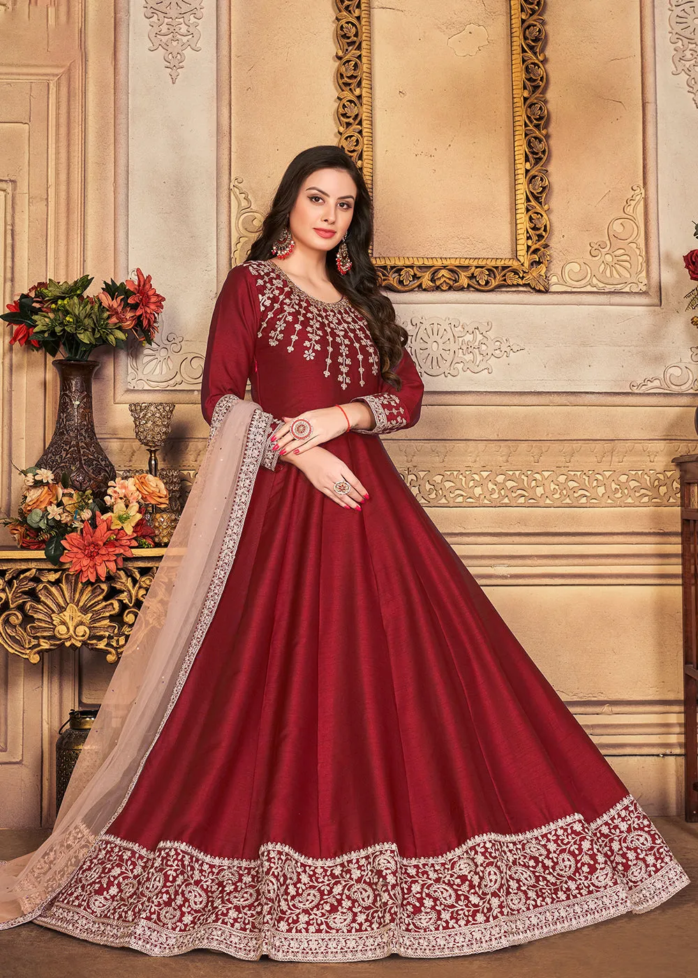 Festive Stunning Red Embroidered Silk Anarkali Suit