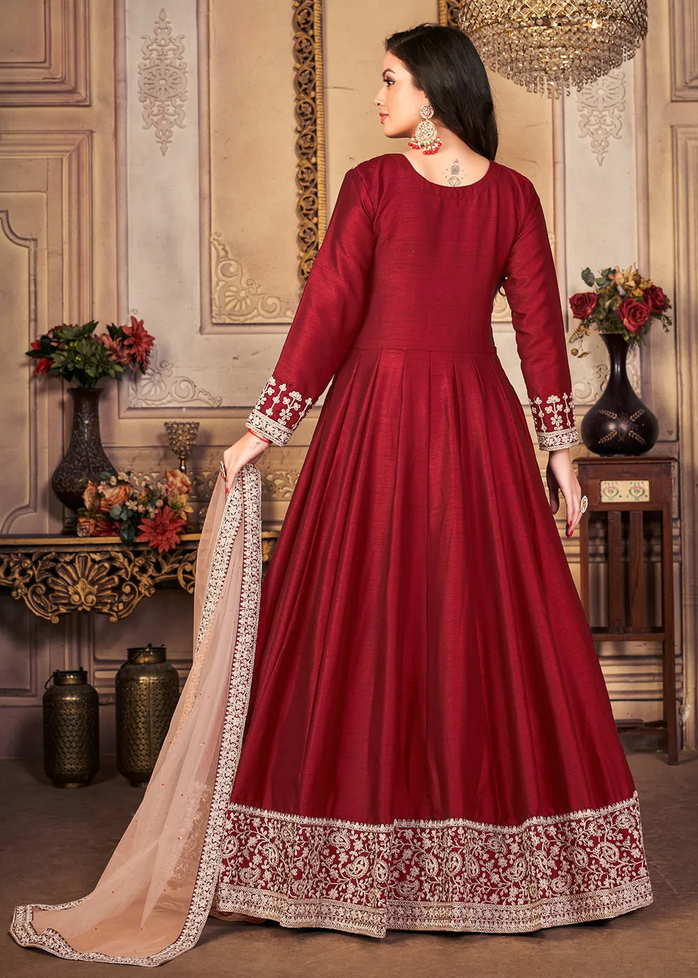 Festive Stunning Red Embroidered Silk Anarkali Suit