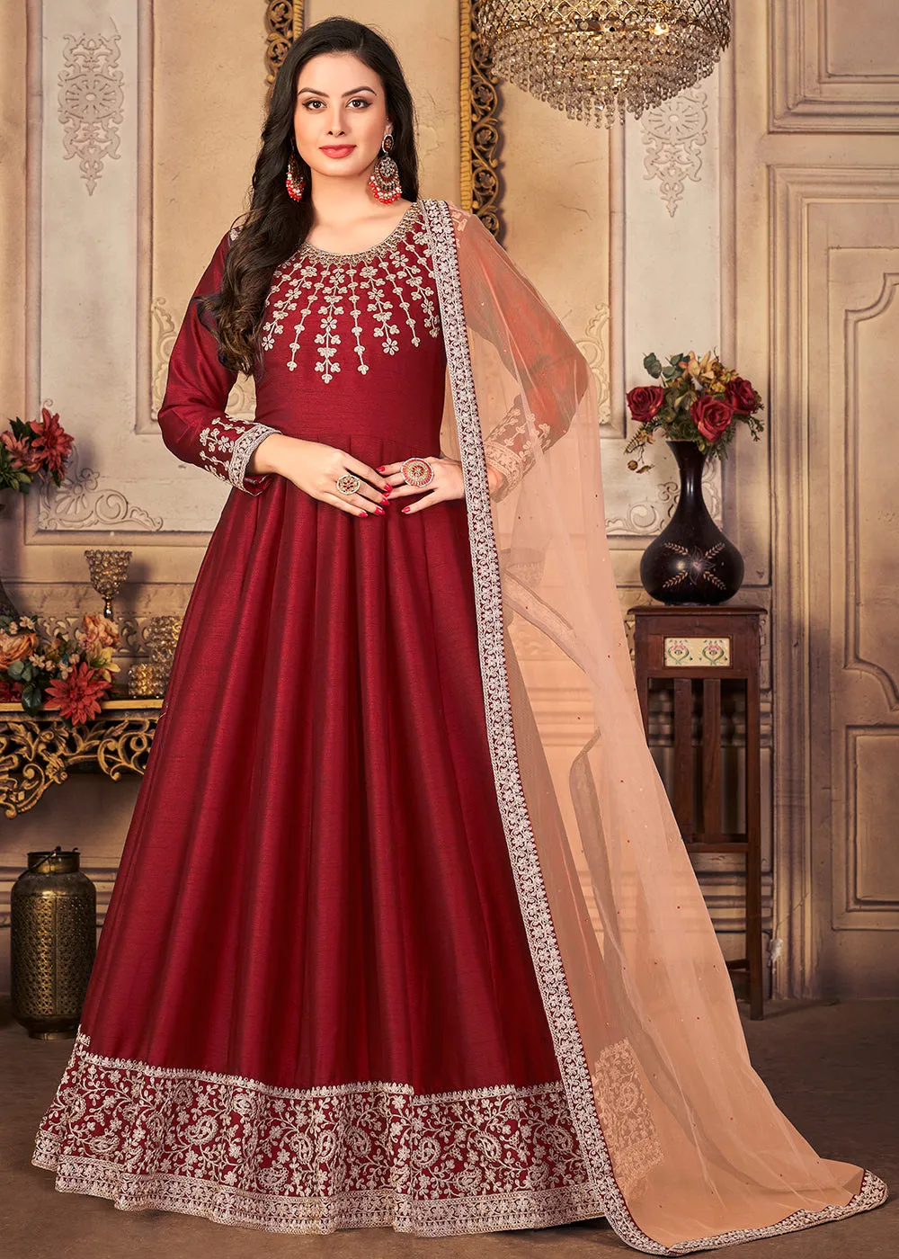 Festive Stunning Red Embroidered Silk Anarkali Suit