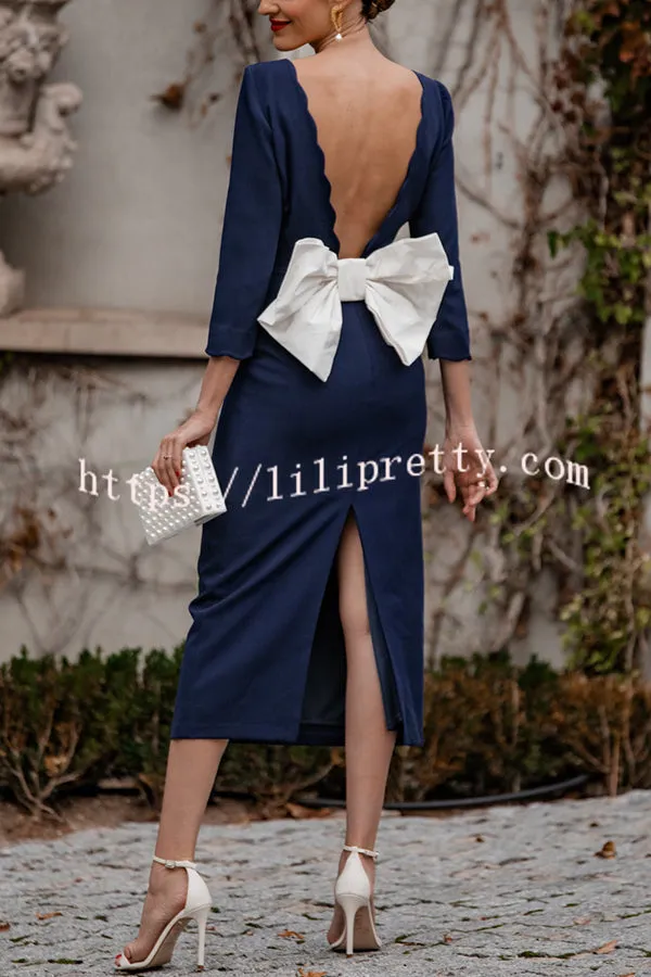 Forever Stunning Petal Trim Backless Bow Formal Midi Dress