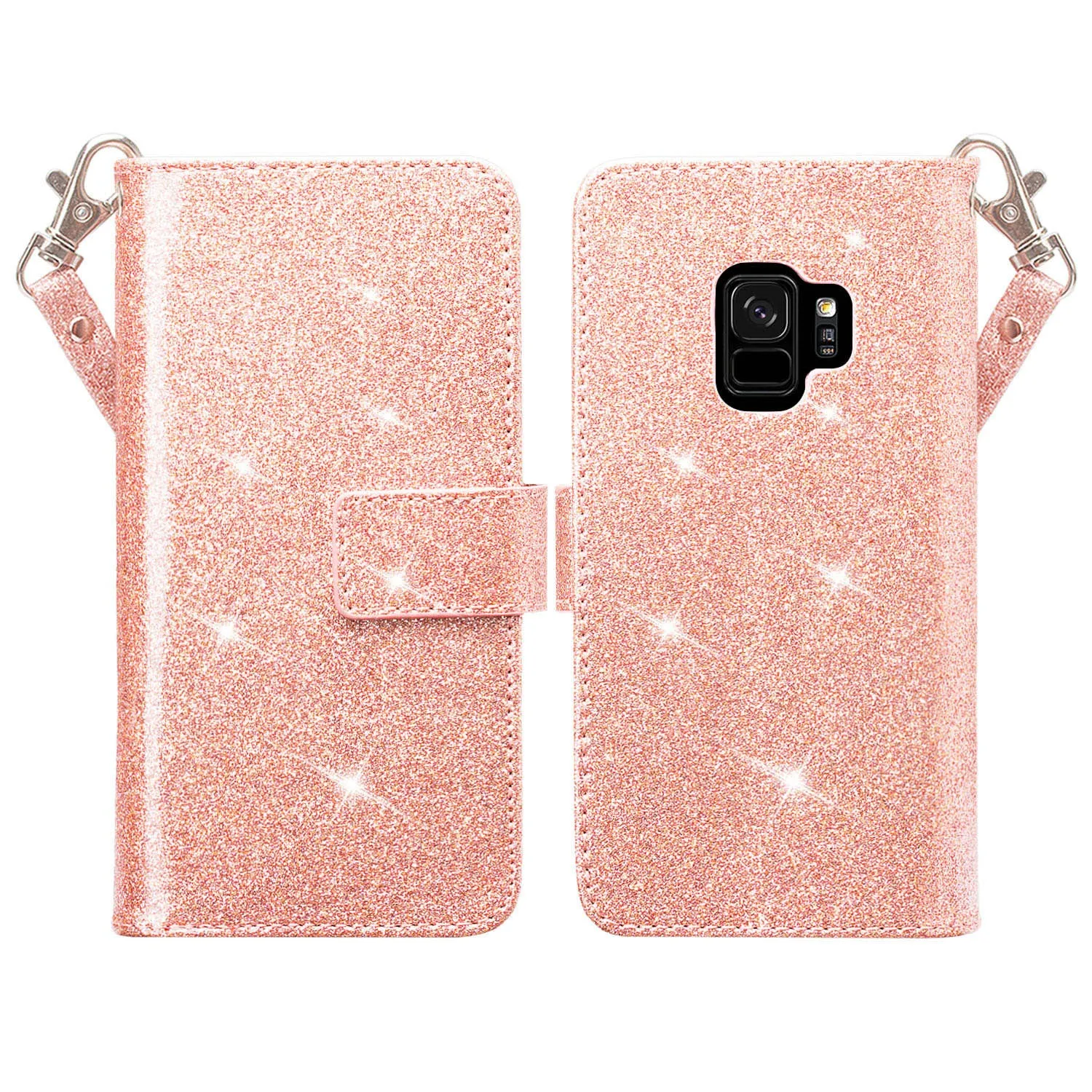 Galaxy S9 Case, Samsung Galaxy S9 Case, Glitter Faux Leather Flip Credit Card Holder Wrist Strap Shockproof Protective Wallet Case Clutch for Samsung Galaxy S9 - Rose Gold