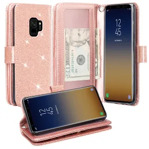 Galaxy S9 Case, Samsung Galaxy S9 Case, Glitter Faux Leather Flip Credit Card Holder Wrist Strap Shockproof Protective Wallet Case Clutch for Samsung Galaxy S9 - Rose Gold