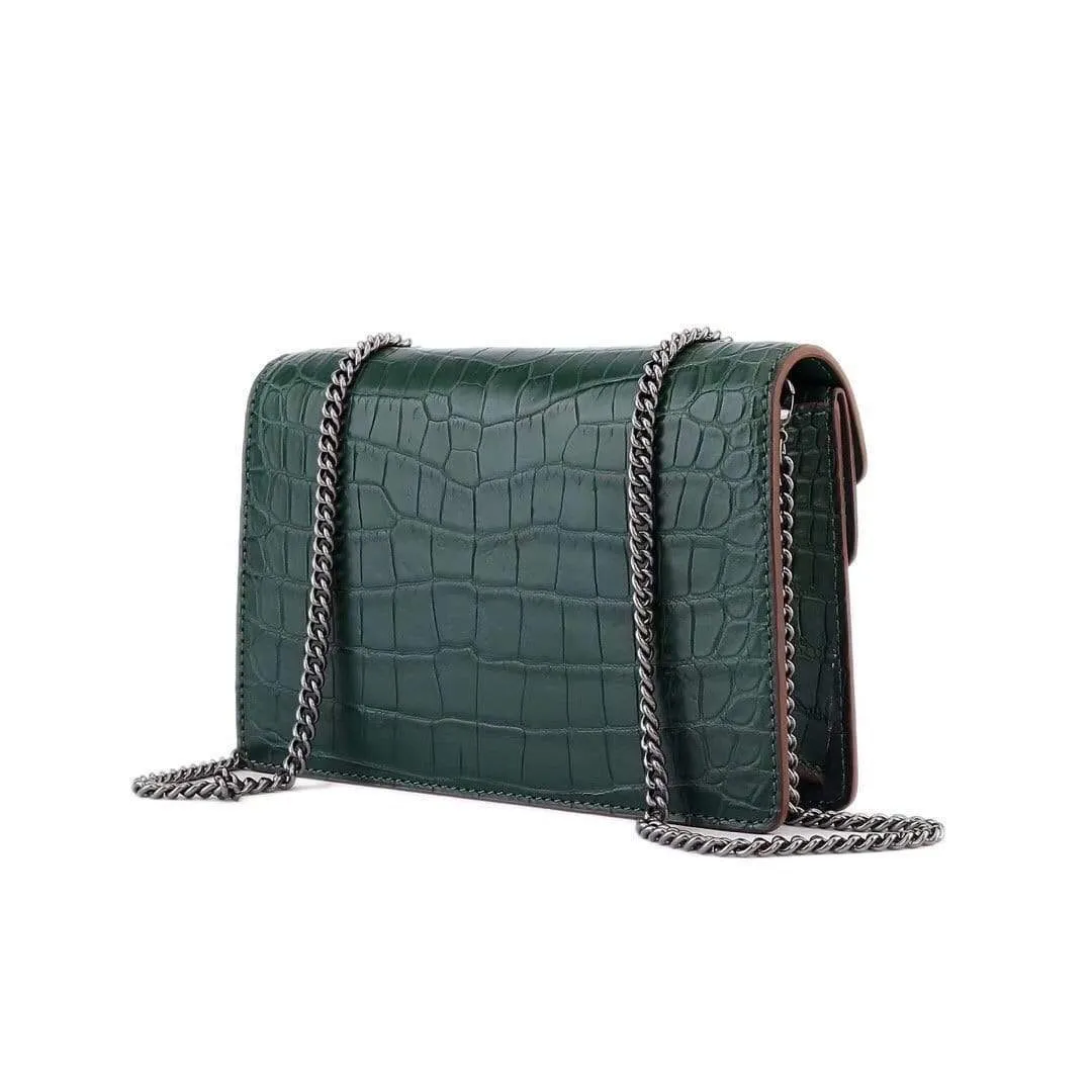 Genuine Crocodile Leather Flap Cross body Messenger Mini Chain Bag Green