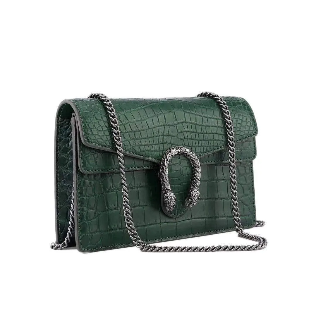 Genuine Crocodile Leather Flap Cross body Messenger Mini Chain Bag Green