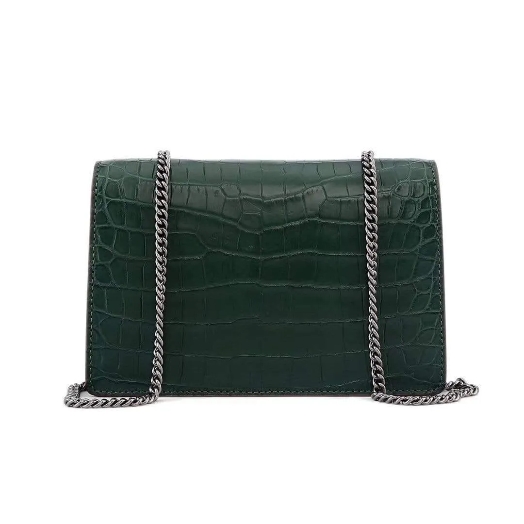 Genuine Crocodile Leather Flap Cross body Messenger Mini Chain Bag Green