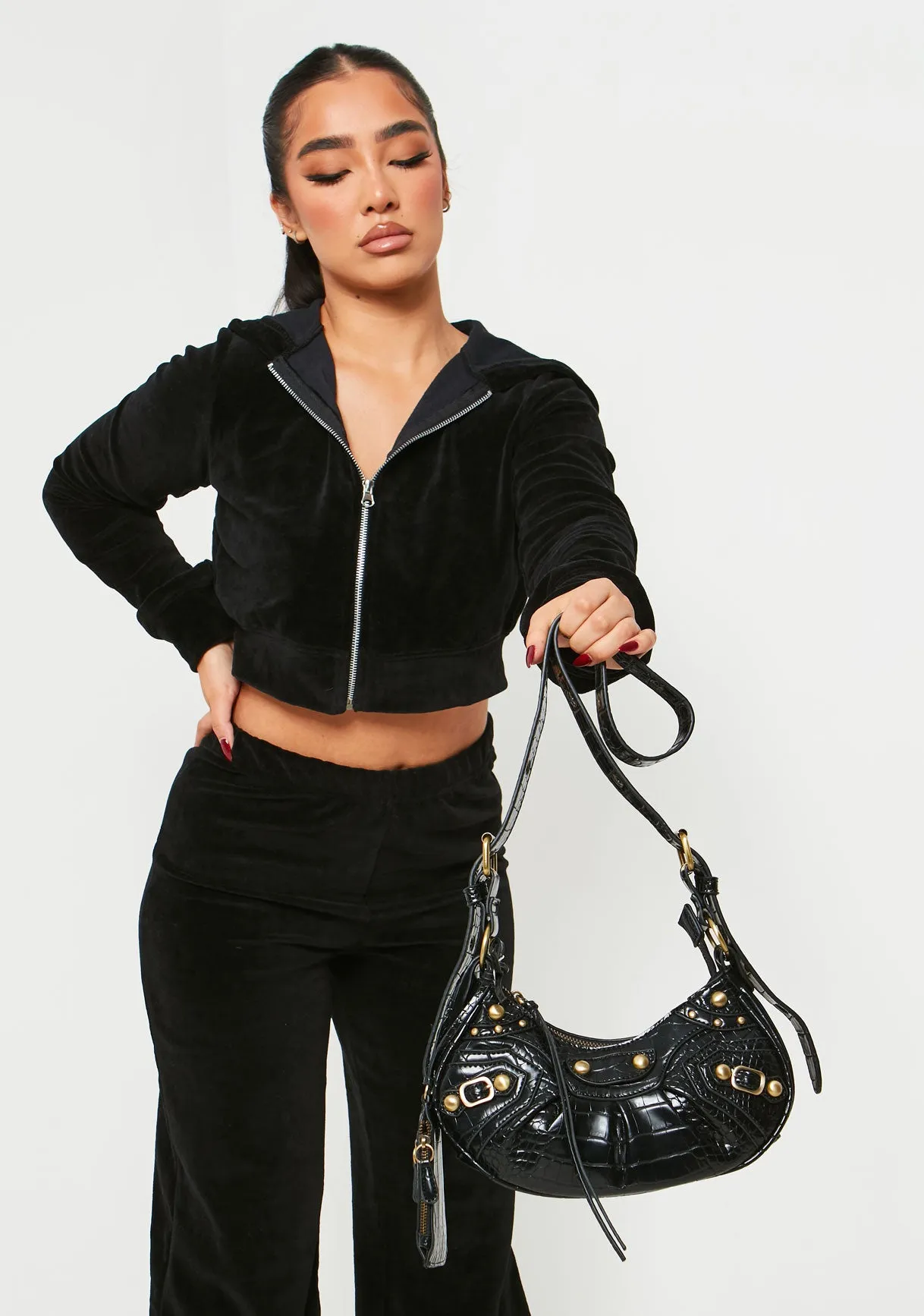 Gigi Black Croc Faux Leather Shoulder Bag