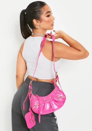 Gigi Pink Croc Faux Leather Shoulder Bag