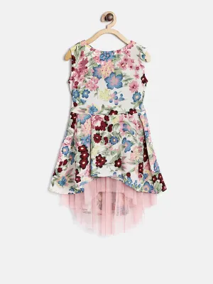 Gilr's Floral Printed Hi Lo Dress With Pink Net Inset - StyleStone Kid