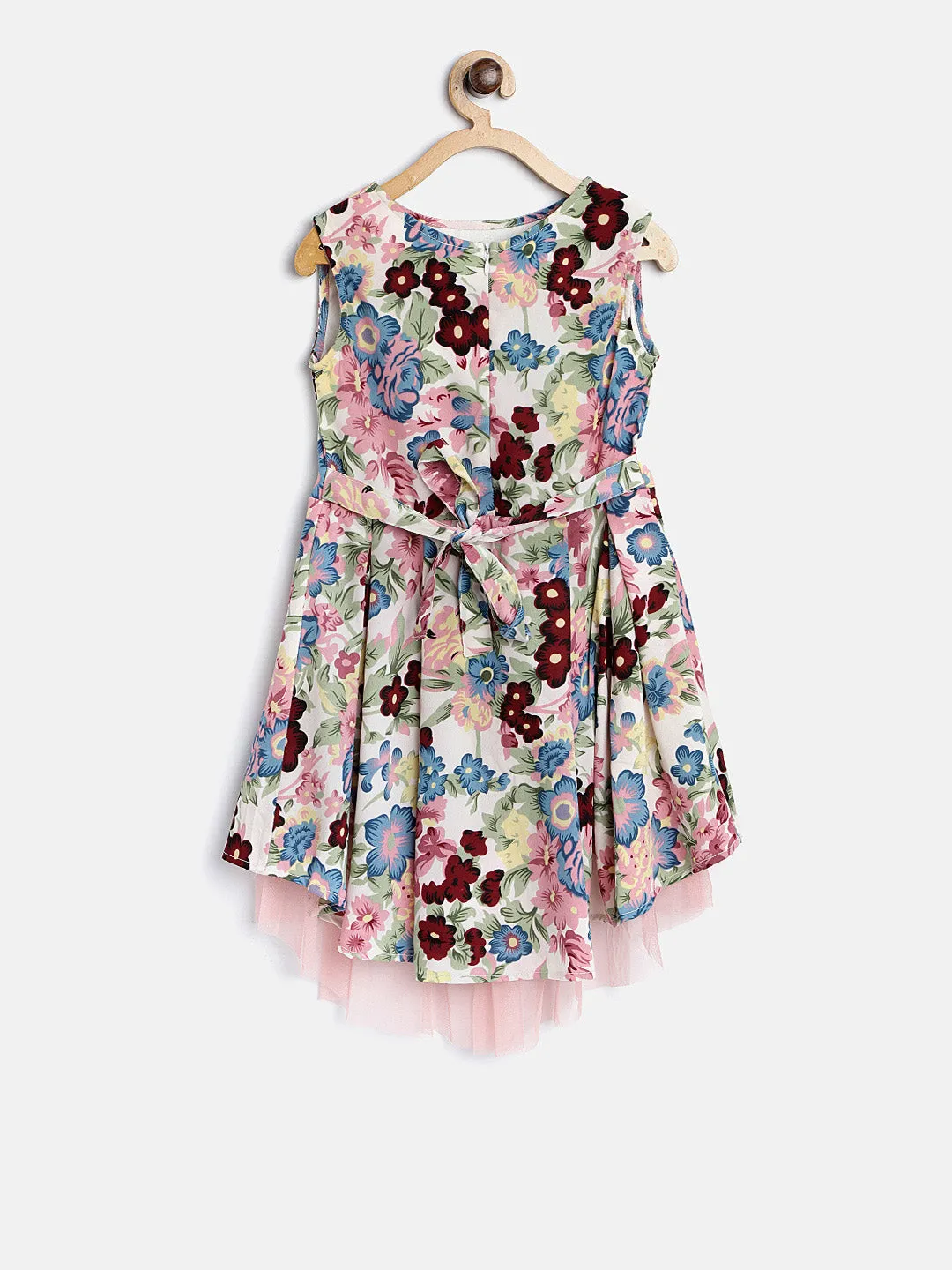 Gilr's Floral Printed Hi Lo Dress With Pink Net Inset - StyleStone Kid