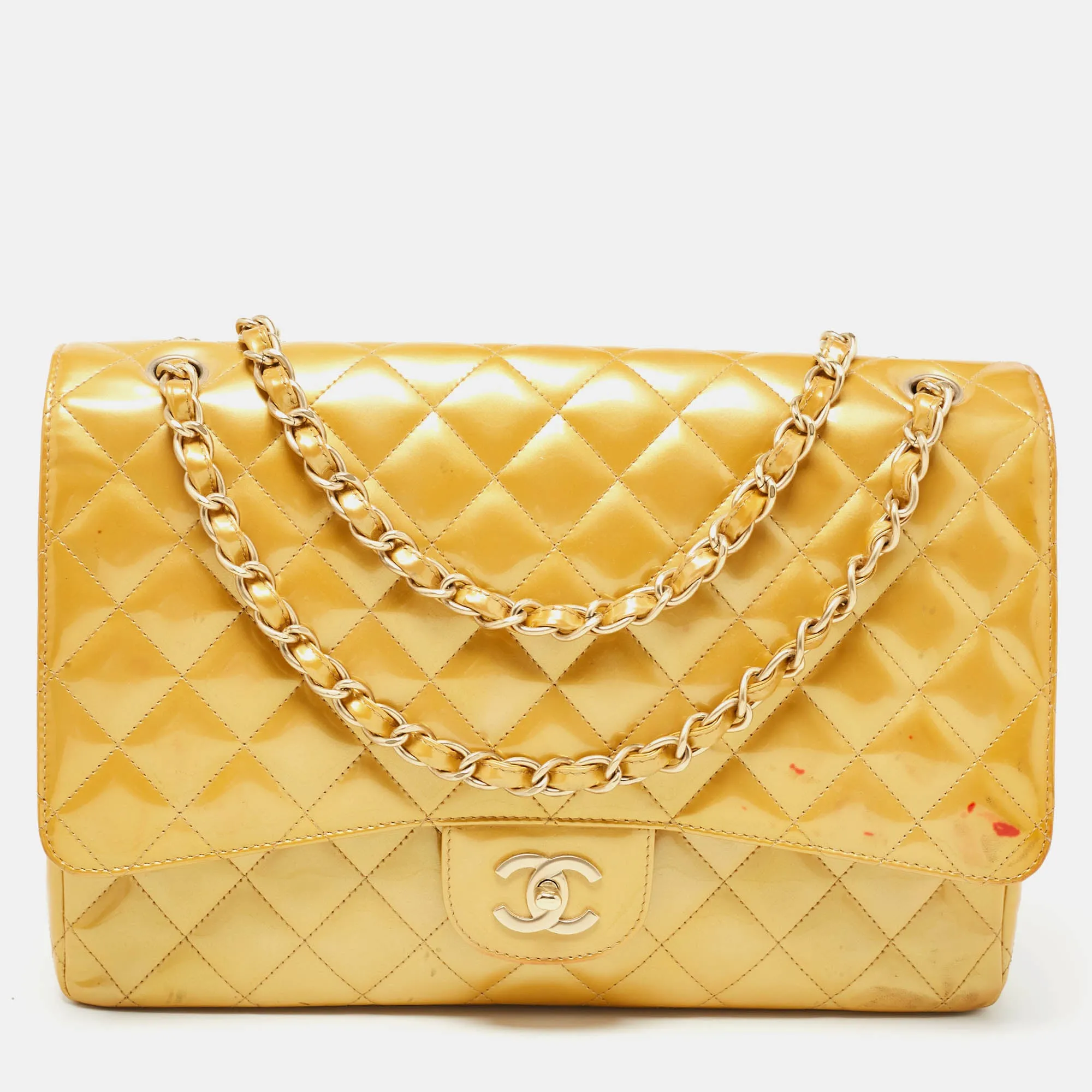 Gold Quilted Patent Leather Maxi Classic Single Flap Bag