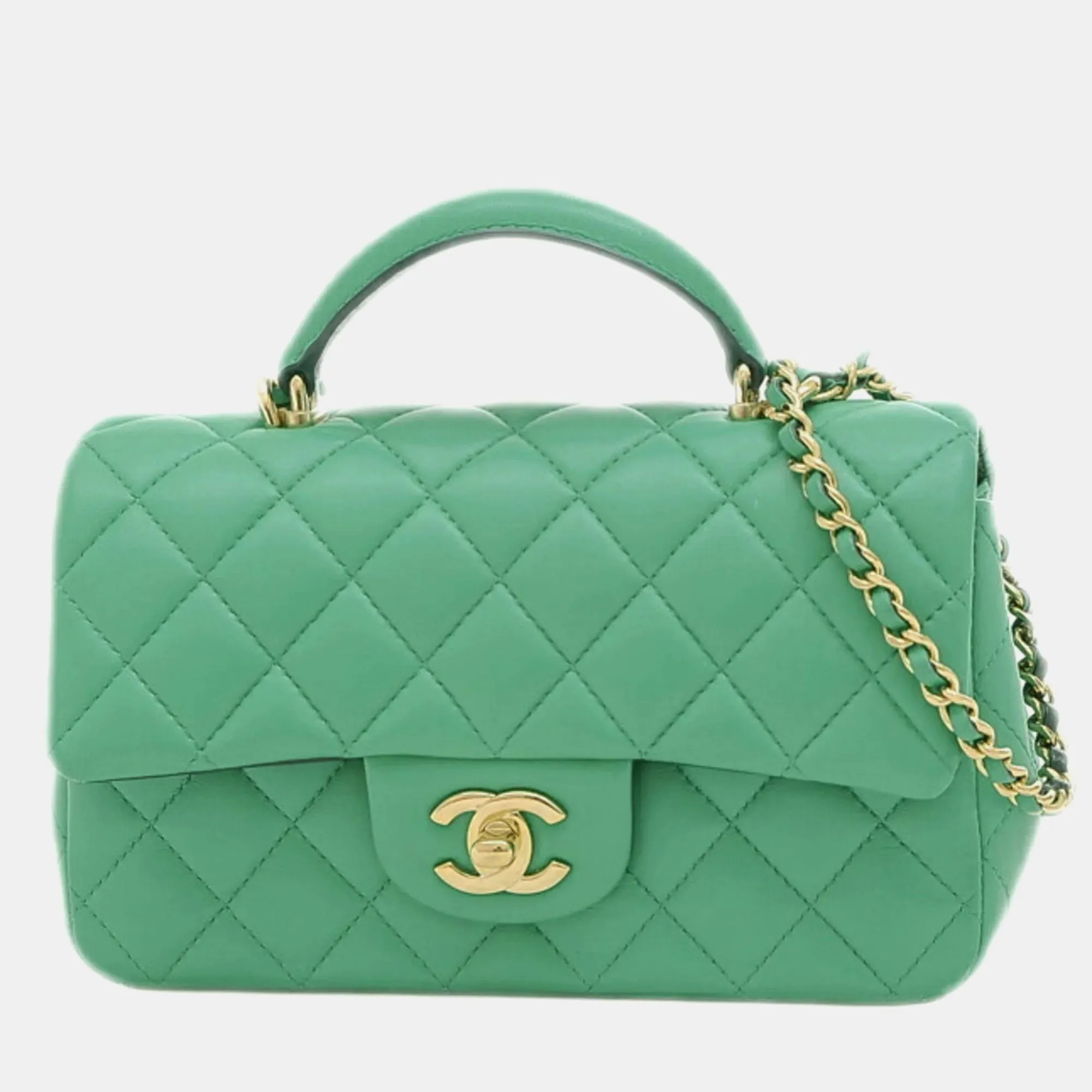 Green Quilted Lambskin Classic Single Flap Top Handle Bag