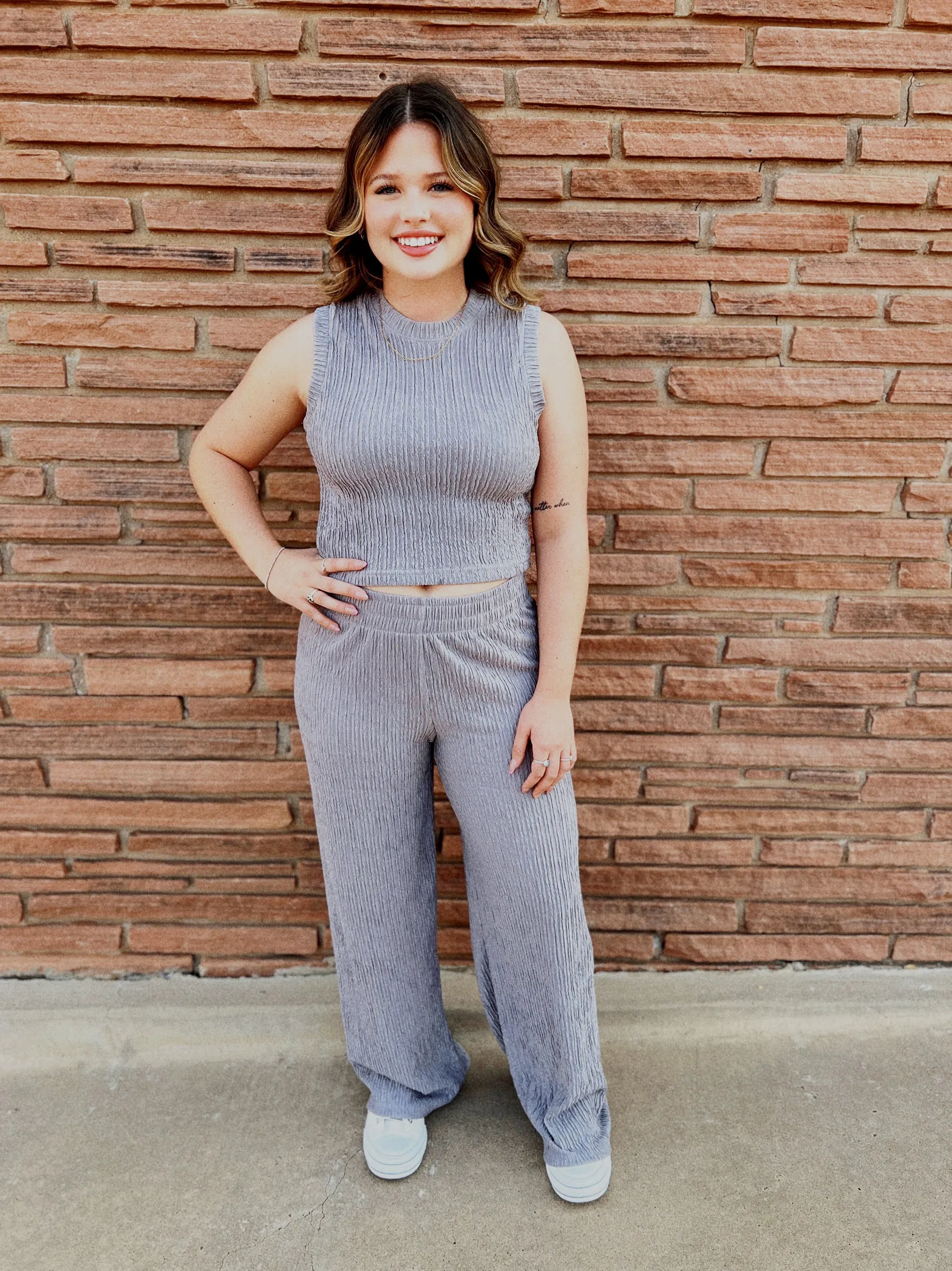 Grey Crinkle Ribbed Two Piece Matching Set