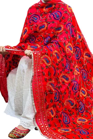 Hand Embroidered Red Phulkari Georgette Dupatta: Stunning Accessory