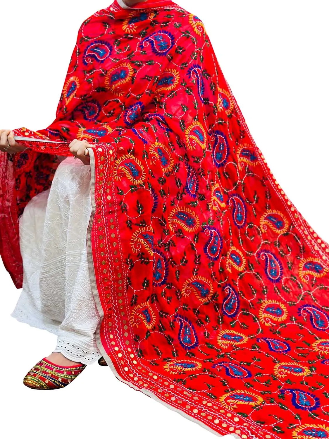 Hand Embroidered Red Phulkari Georgette Dupatta: Stunning Accessory