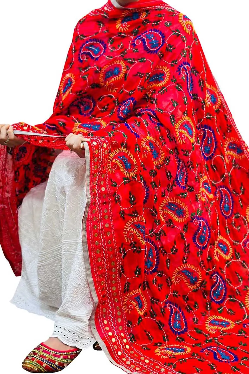 Hand Embroidered Red Phulkari Georgette Dupatta: Stunning Accessory