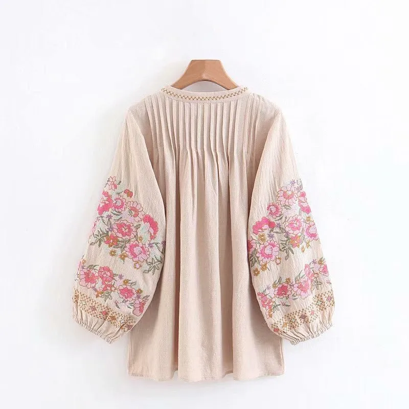 HAPPIE QUEENS Vintage Chic Tassel Floral Embroidery Linen Blouse