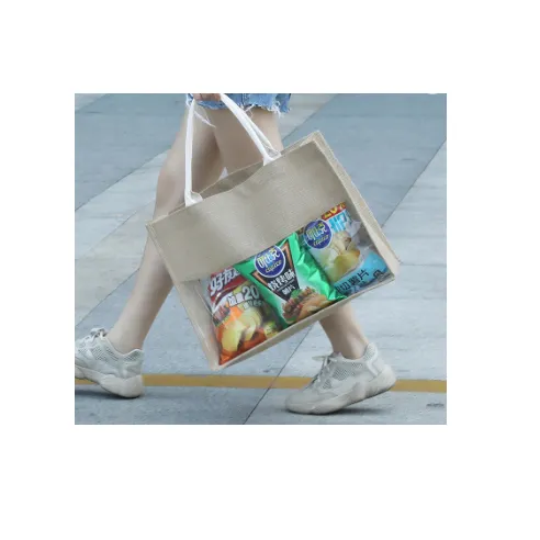 Hessian Shopping Carry Hand bag with Clear Plastic PVC window