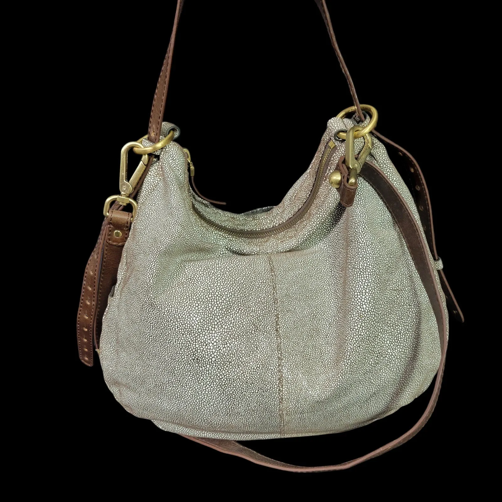 Hobo Slouchy Stingray Shoulder Bag Brown Shagreen Glazed Leather Curved Dotted Crossbody Convertible