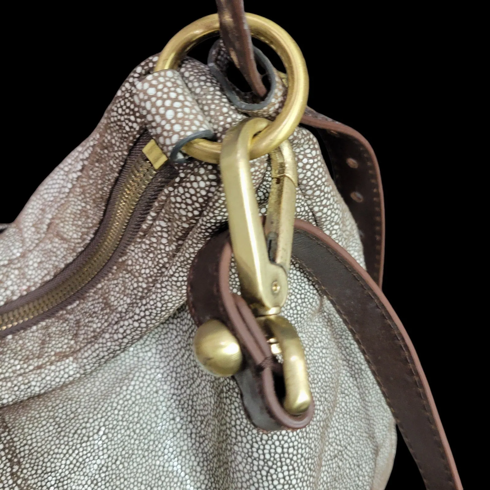 Hobo Slouchy Stingray Shoulder Bag Brown Shagreen Glazed Leather Curved Dotted Crossbody Convertible