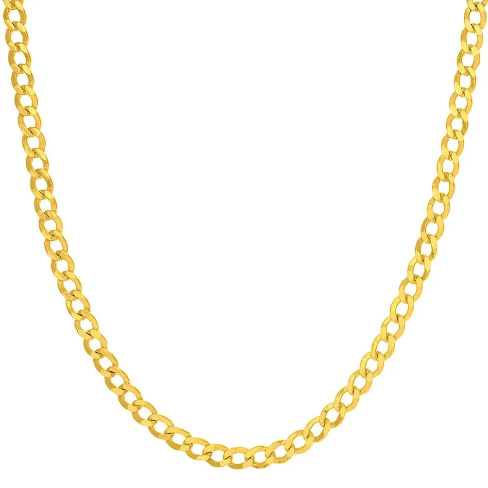 Hollow 14k Yellow Gold 3.5mm Cuban Link Curb Chain Necklace with Lobster Claw Clasp