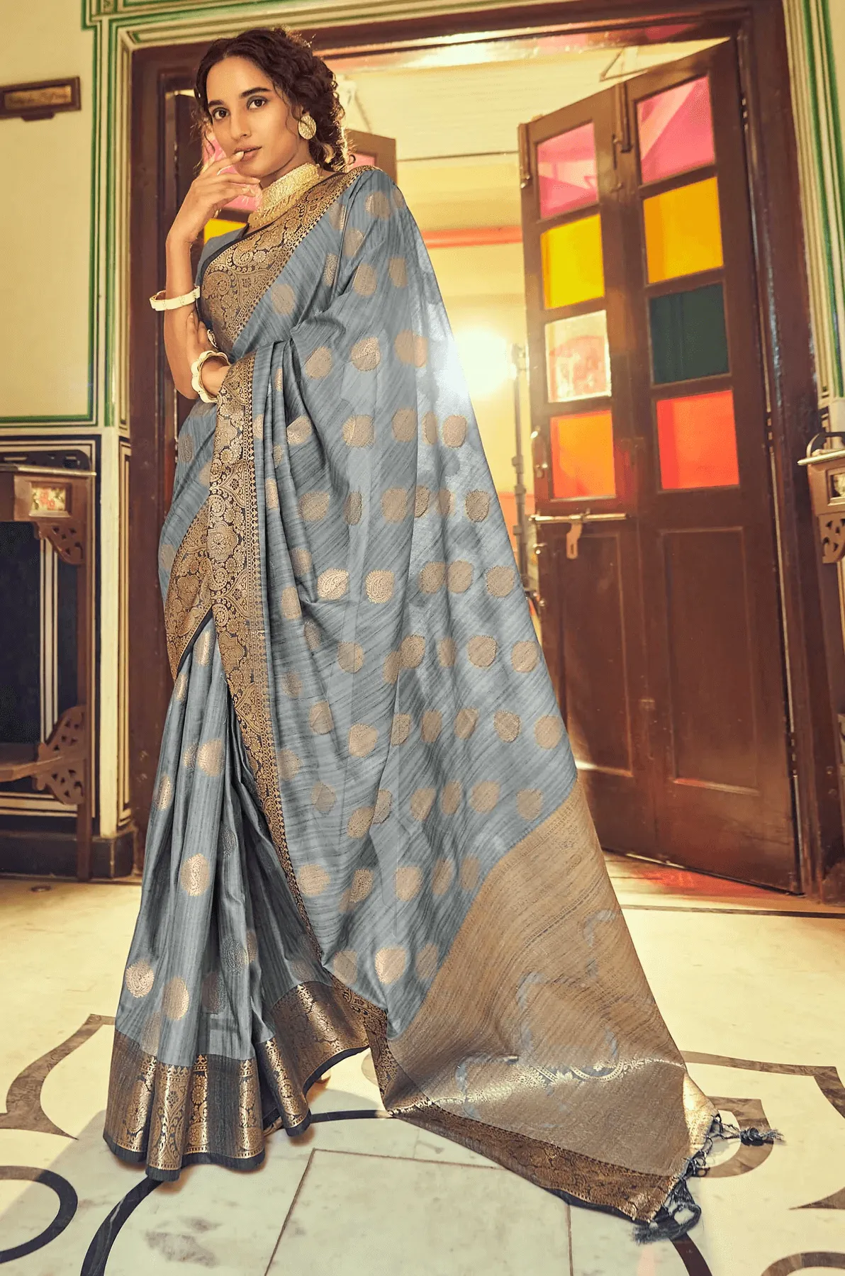 Improbable Grey Soft Banarasi Silk Saree With Stunning Blouse Piece