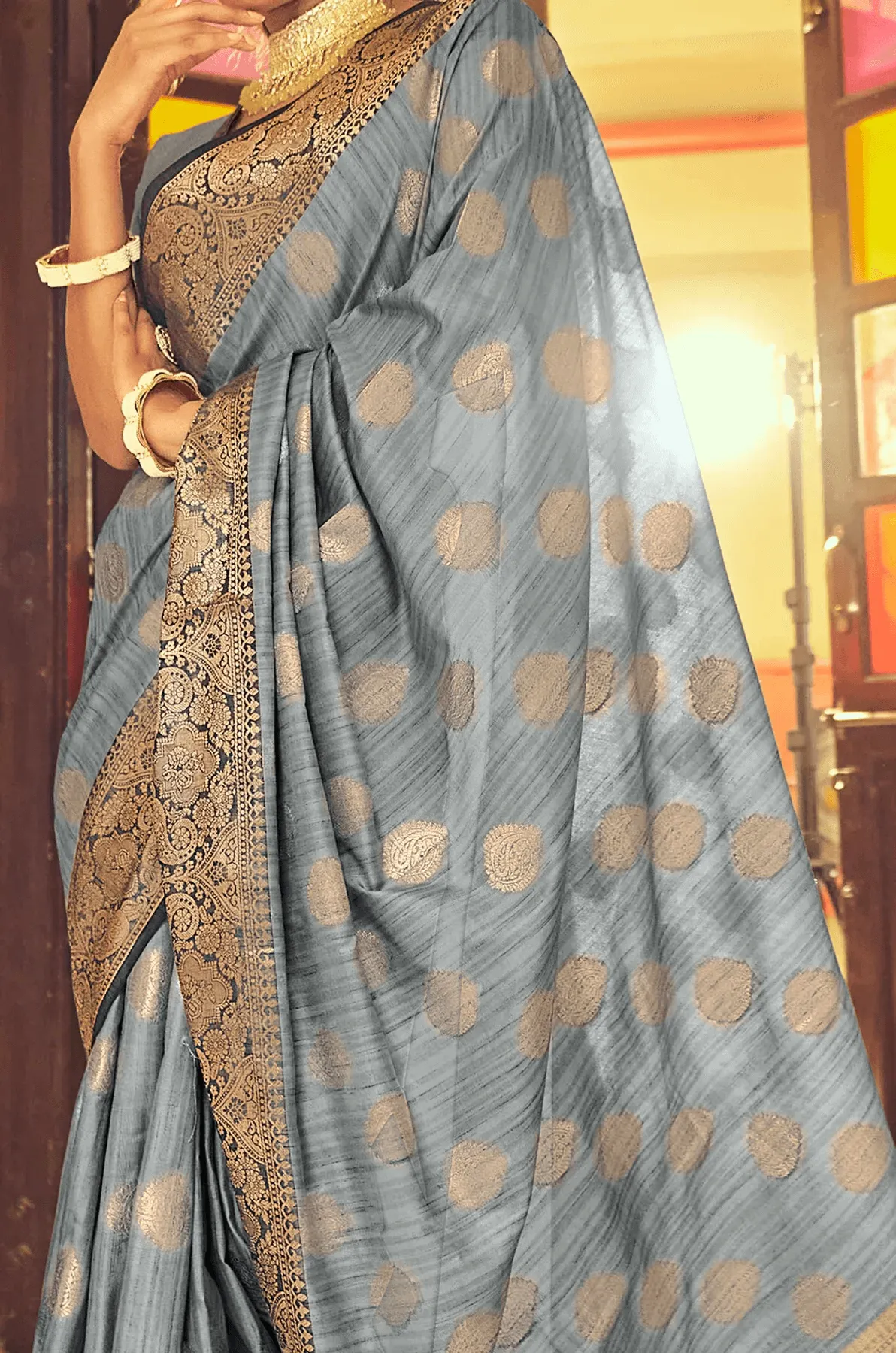 Improbable Grey Soft Banarasi Silk Saree With Stunning Blouse Piece