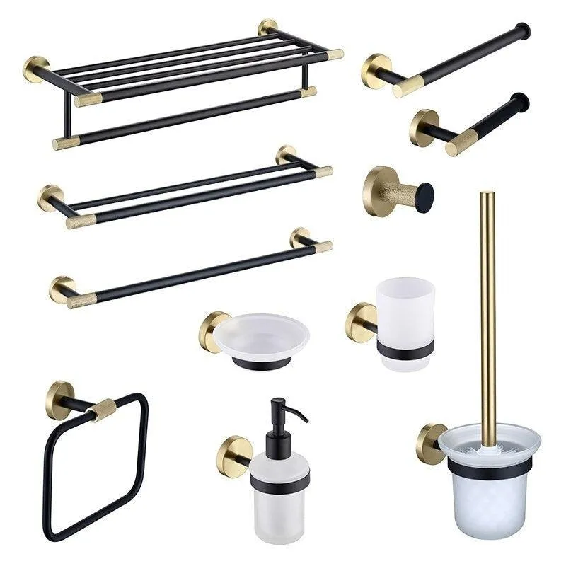 KOS / Bathroom Hardware Set / Knurled Polished Gold & Matte Black