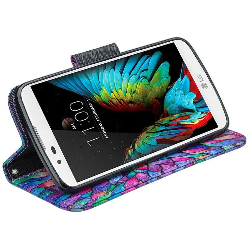 LG K8 | LG Phoenix 2 | LG Escape 3 Case, Wallet Case, Wrist Strap [Kickstand] Pu Leather Wallet Case with ID & Credit Card Slots - Rainbow