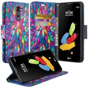 LG K8 | LG Phoenix 2 | LG Escape 3 Case, Wallet Case, Wrist Strap [Kickstand] Pu Leather Wallet Case with ID & Credit Card Slots - Rainbow