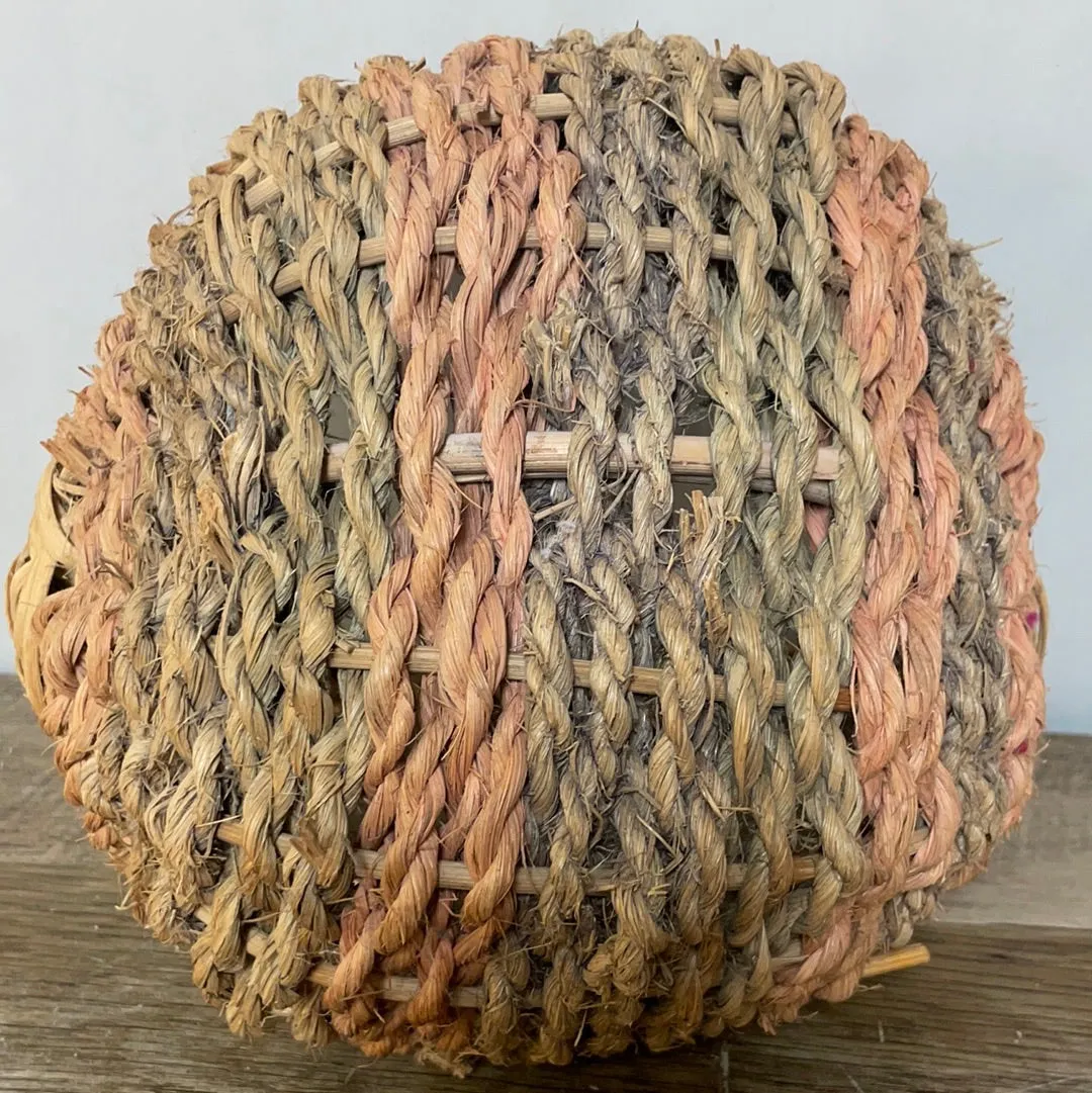 <€€ Rustic Round Rattan Basket Woven Coil Multi Colored