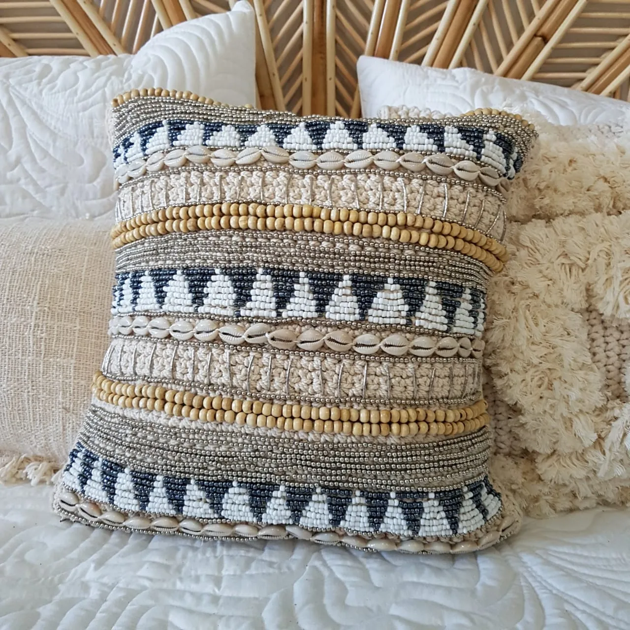 Macrame Cushion With Stunning Shell and Bead Pattern