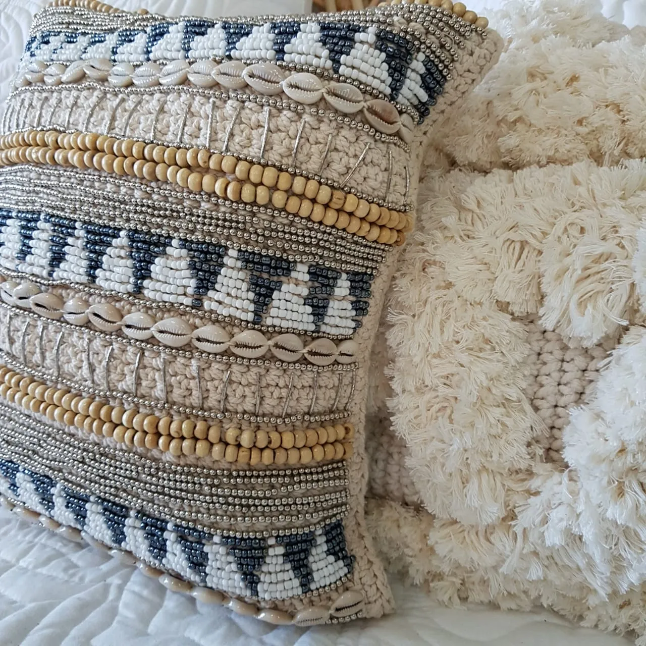 Macrame Cushion With Stunning Shell and Bead Pattern