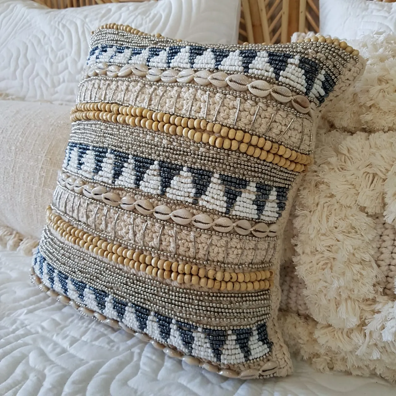 Macrame Cushion With Stunning Shell and Bead Pattern