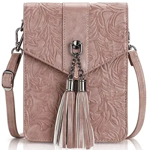 MEITRUE Women Phone Purse Bag Small Crossbody Bags Ladies Mini Cell phone Purse Wallet Tassels Embossed Bag for Girls (0-Dark-pink)