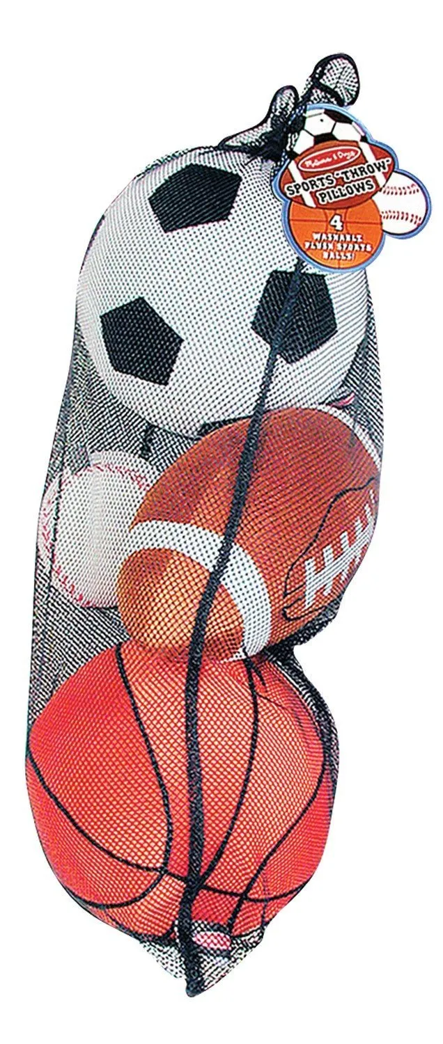 Melissa and Doug - Sports Throw Pillows With Mesh Storage Bag Plush Basketball, Baseball, Soccer Ball, and Football