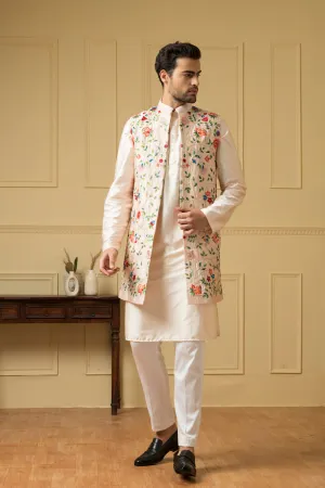 Men's Long Floral Embroidered Nehru Jacket Set - Hilo Design