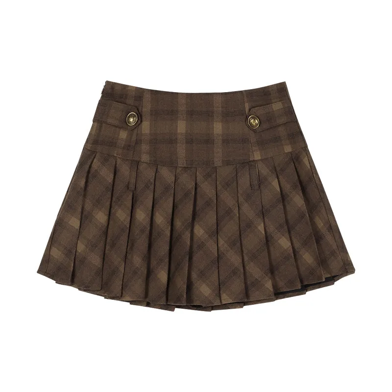 Monet Retro Fall Autumn Brown Plaid Blazer Uniform Top & Mini Pleated Skirt Two Piece Set